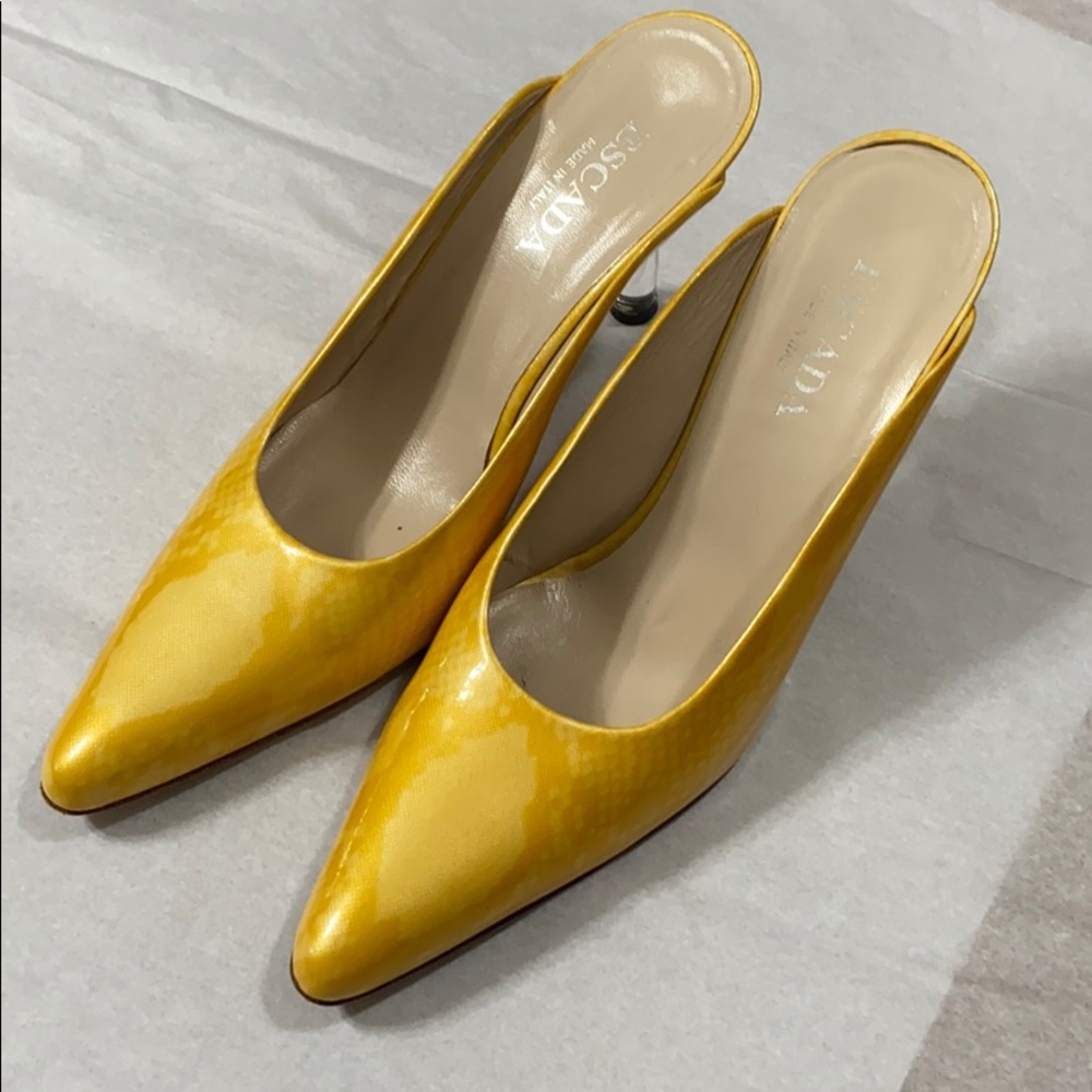 Escada yellow python print acrylic heels
